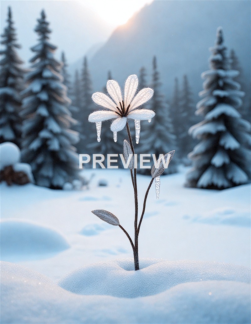 A delicate flower covered in frost and ice, standing amidst snow with evergreen trees and mountains in the background during winter.